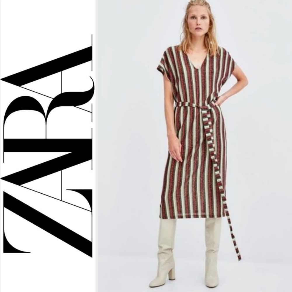 ZARA V Neck metallic striped belted midi tunic dress